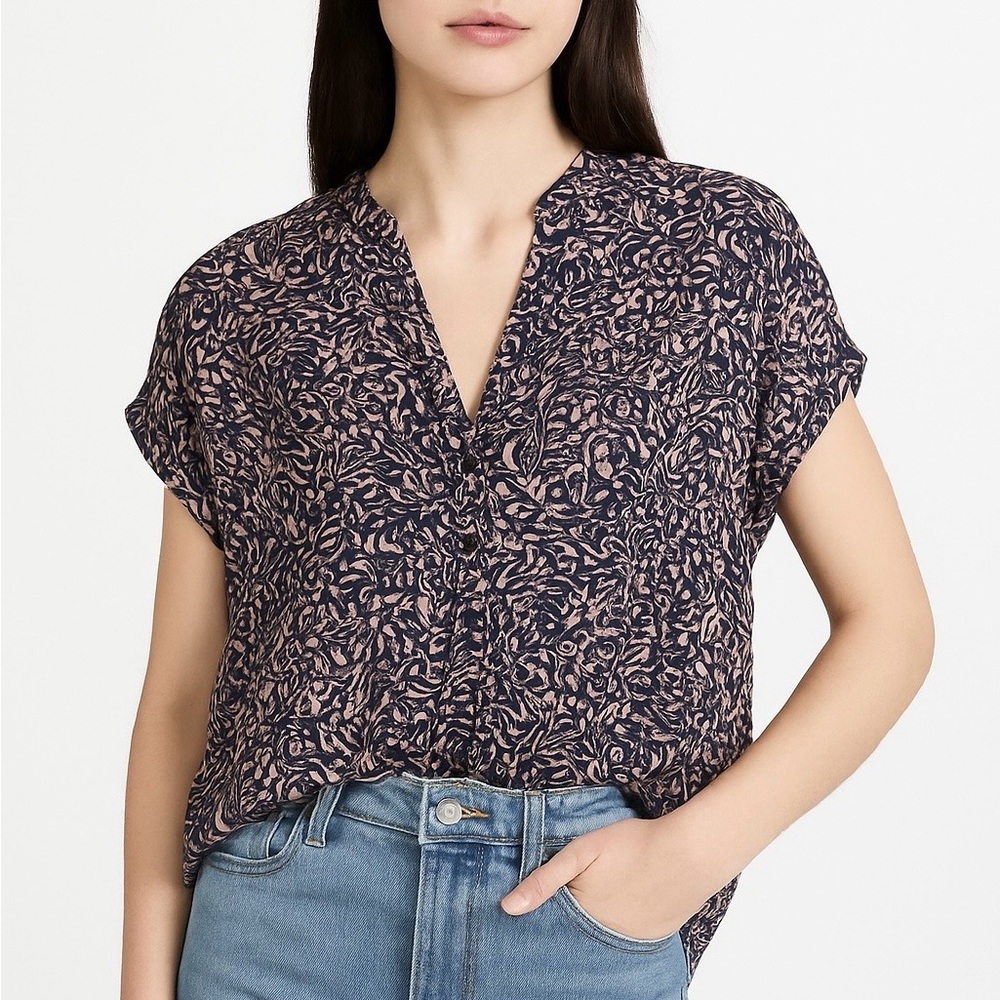 Treasure & Bond Print Rayon Blouse Pleated V-Neck Button Front Top S